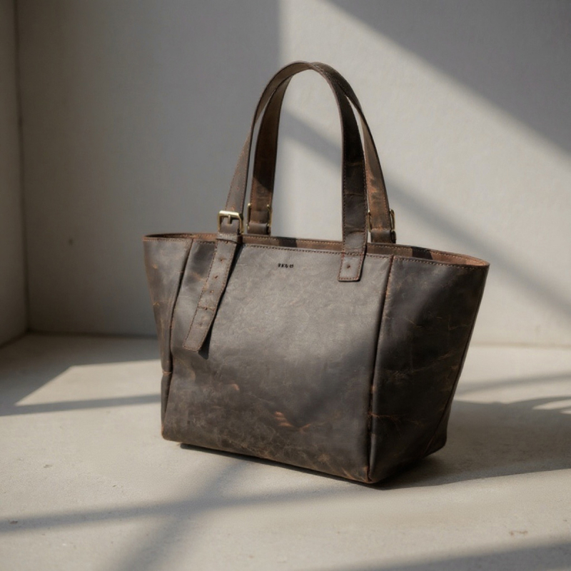 Läder shopper med dragkedja - Brun buffelläder - Dam - Treats