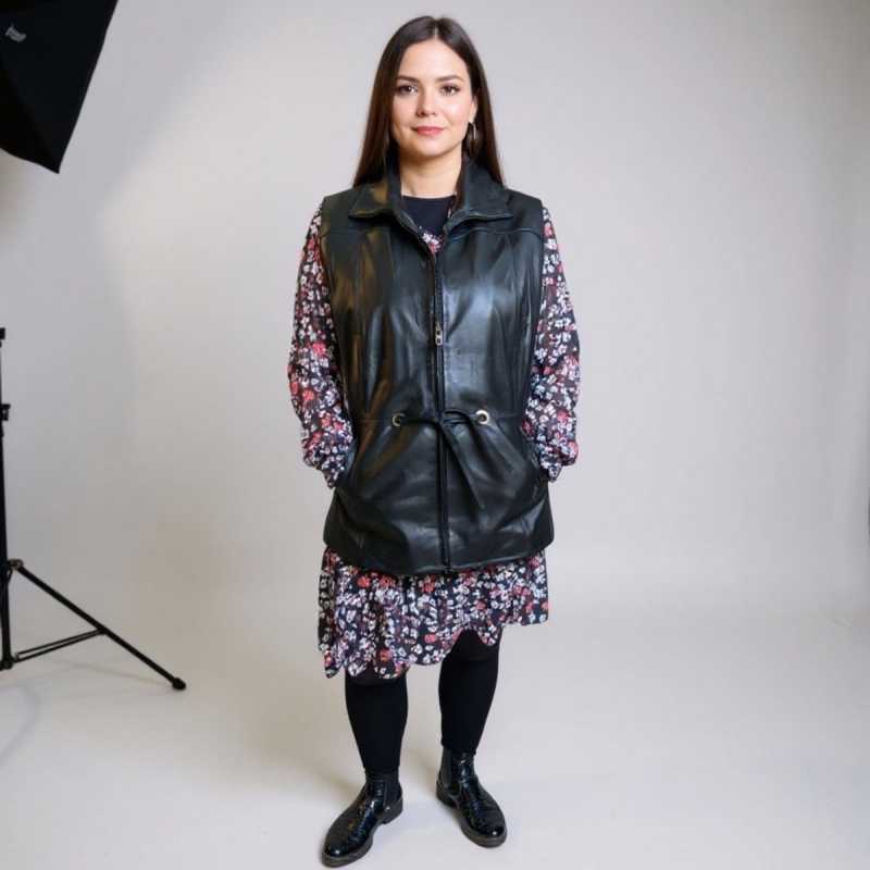 Dame skindvest - Ketty - Mellemlang - Blød sort lammeskind