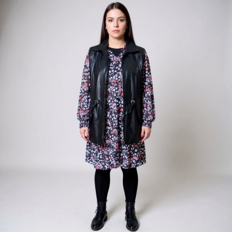 Dame skindvest - Ketty - Mellemlang - Blød sort lammeskind