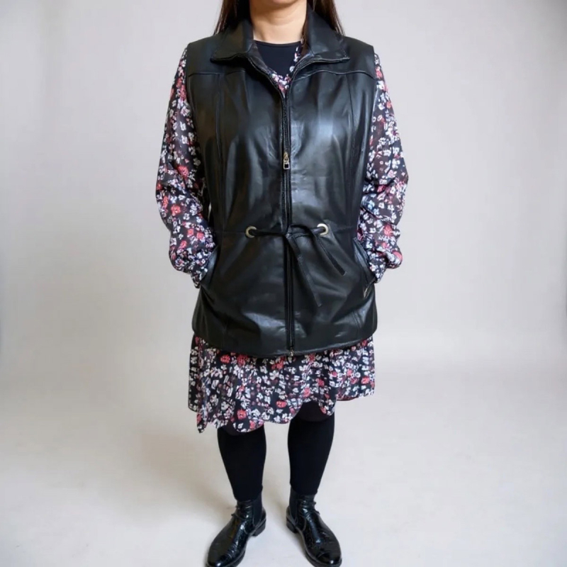 Dame skindvest - Ketty - Mellemlang - Blød sort lammeskind