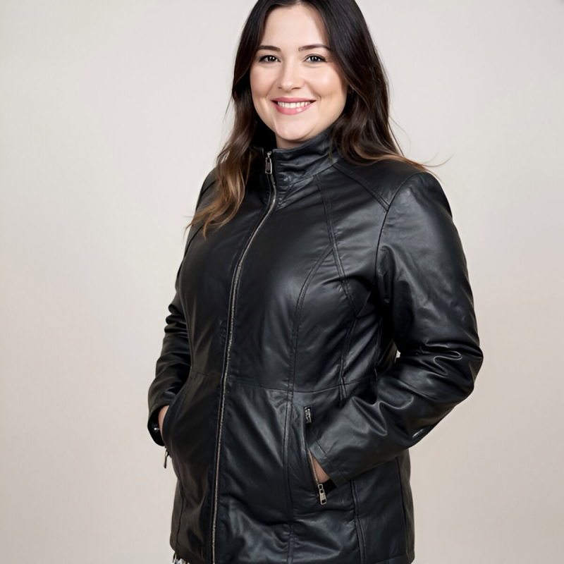 Plus size dame overgangsjakke i blød sort skind - Freja skind