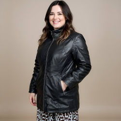 Plus size dame overgangsjakke i blød sort skind - Freja skind