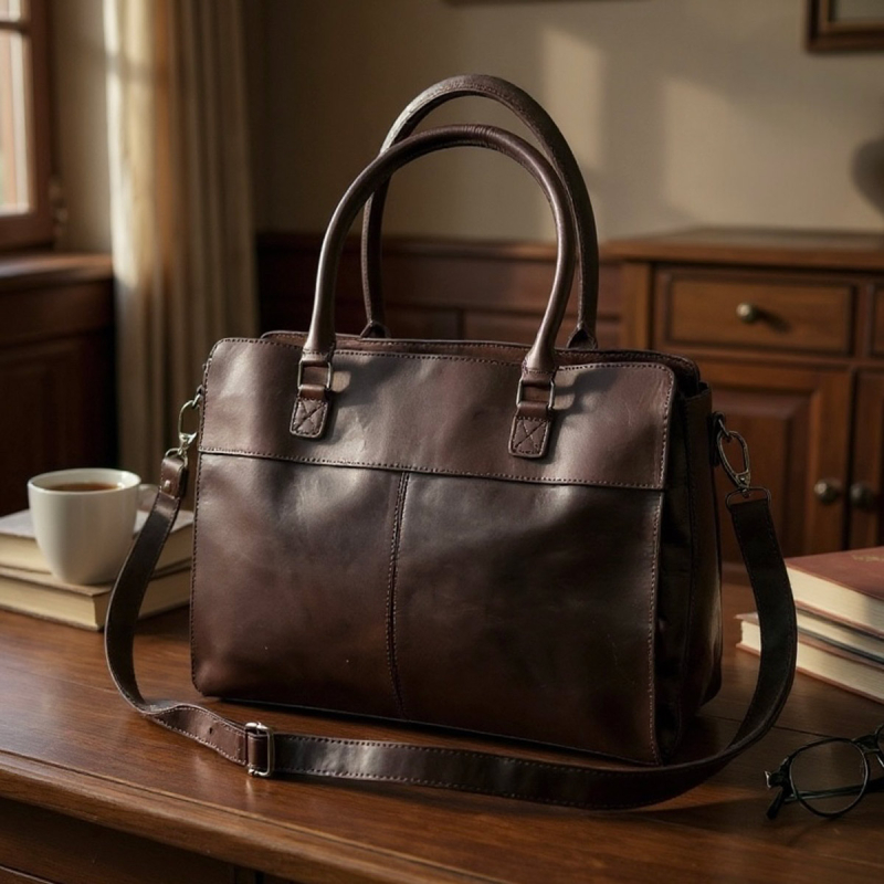 Damernas pc-väska i mörkbrunt buffelläder - För 15,6" pc - Leather design