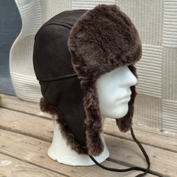 Brun Ushanka pelshue - Brun med brun pels - Vinterhue - Freja skind