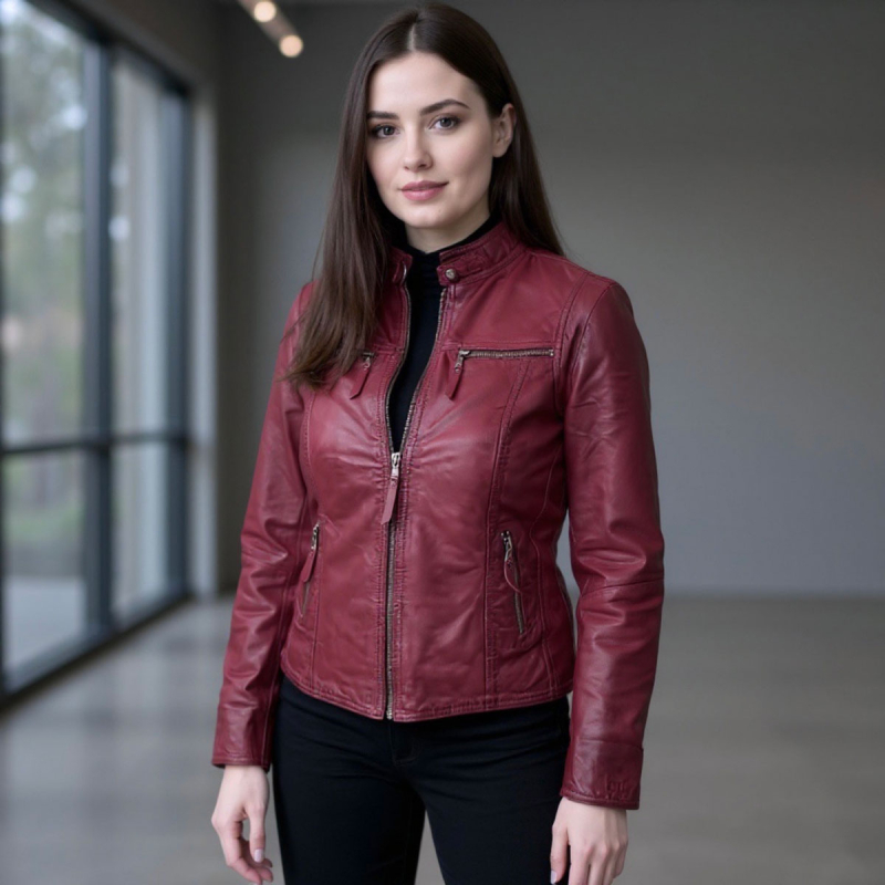Bordeaux dame skindjakke - Blød lammeskind