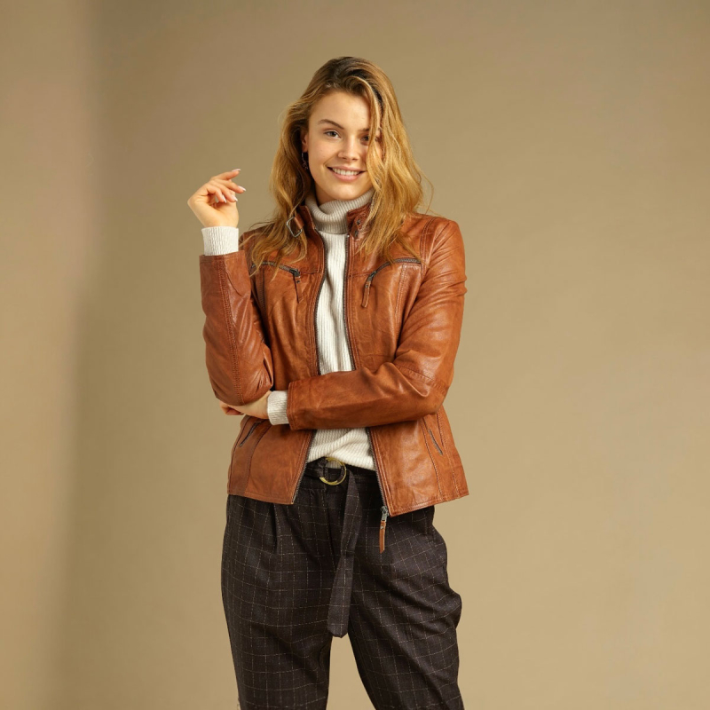 Cognac skinnjacka bra passform - Mjuk skinnjacka i sportig design - dam