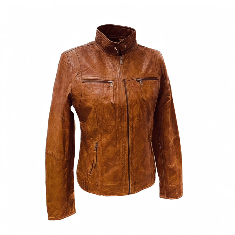 Cognac skinnjacka bra passform - Mjuk skinnjacka i sportig design - dam