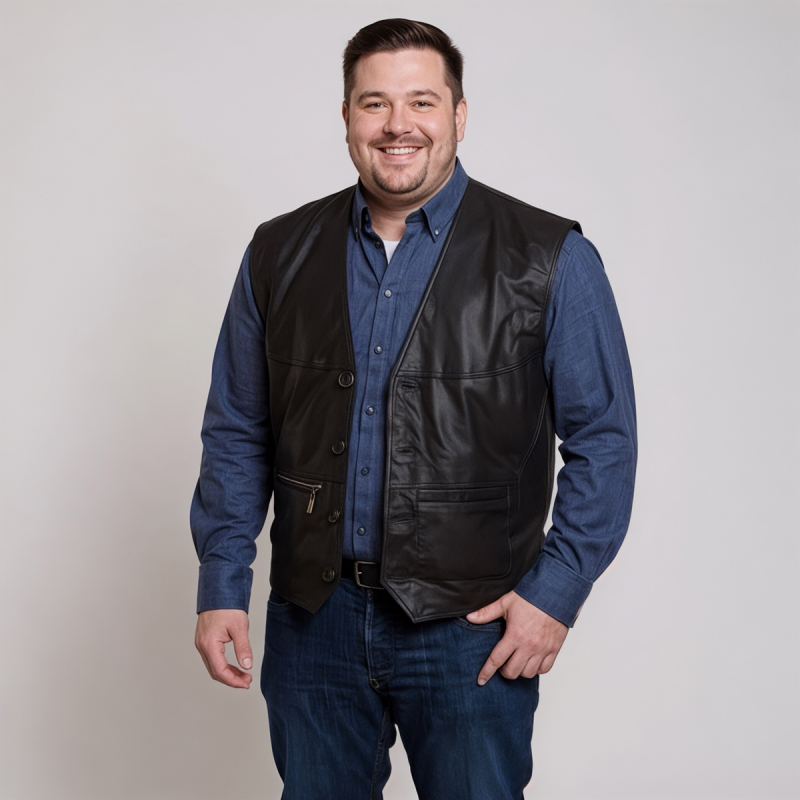 Plus size Sort herre skindvest med sidelommer