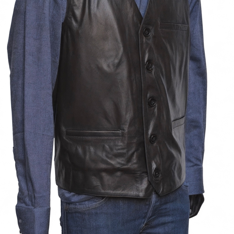 Sort herre skindvest - Blød lammeskind - Klassisk design - Freja skind