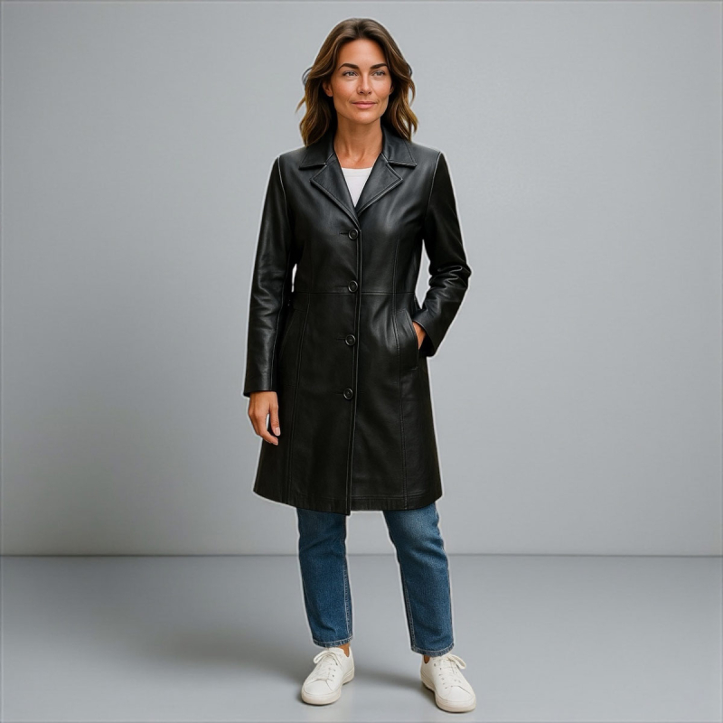 Sally skinnjacka - Mellanlång modell i mjukt svart skinn - Freja Skind