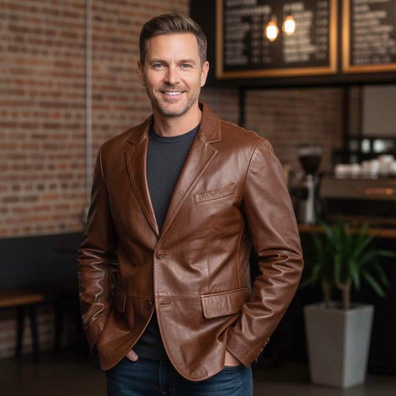 Russell herrskinnblazer - Cognac mjukt lammskinn - Freja Skind