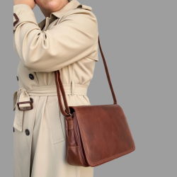 Claire skuldertaske med klap - Patineret brun bøffelskind - Leather design - Freja skind
