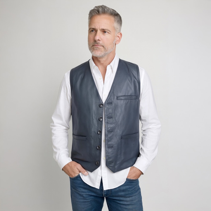 Grå herre skindvest - Blød skind - super pris