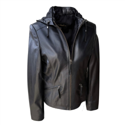 Stella dame skindjakke med aft hætte -  sort lammeskind - overgangsjakke - Freja skind