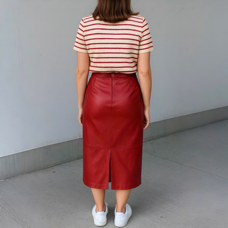 Gry skindnederdel - Lang model med sidelommer - Rød lammeskind - Freja skind