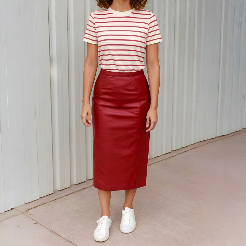 Gry skindnederdel - Lang model med sidelommer - Rød lammeskind - Freja skind