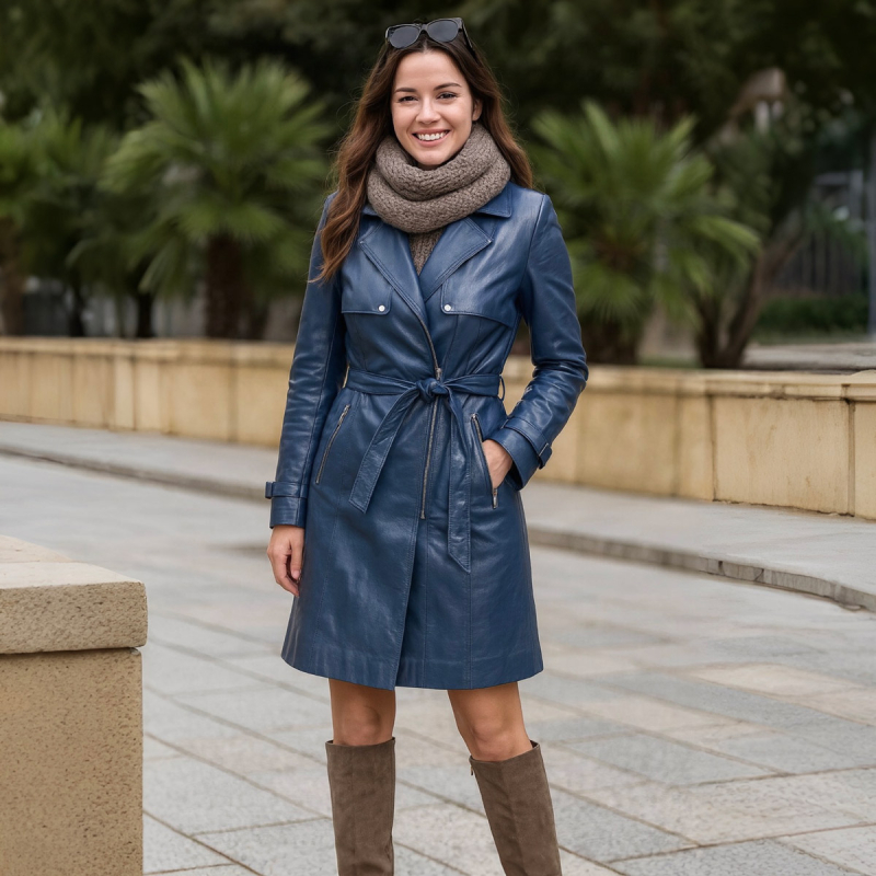 Blå trenchcoat dame - Blød lammeskind - Freja skind