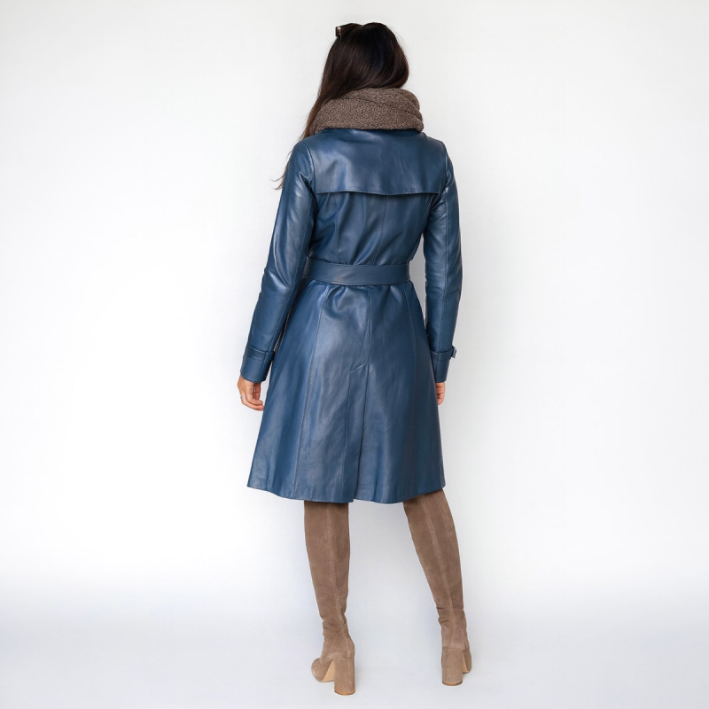 Blå trenchcoat dame - Blød lammeskind - Freja skind