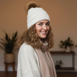 Creme hvid dame strikhue med kvast - Blød og varm - Freja skind