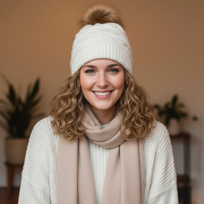 Stickad mössa med pälsboll - Krämvit - Dam - Cashmere, Angora och ull