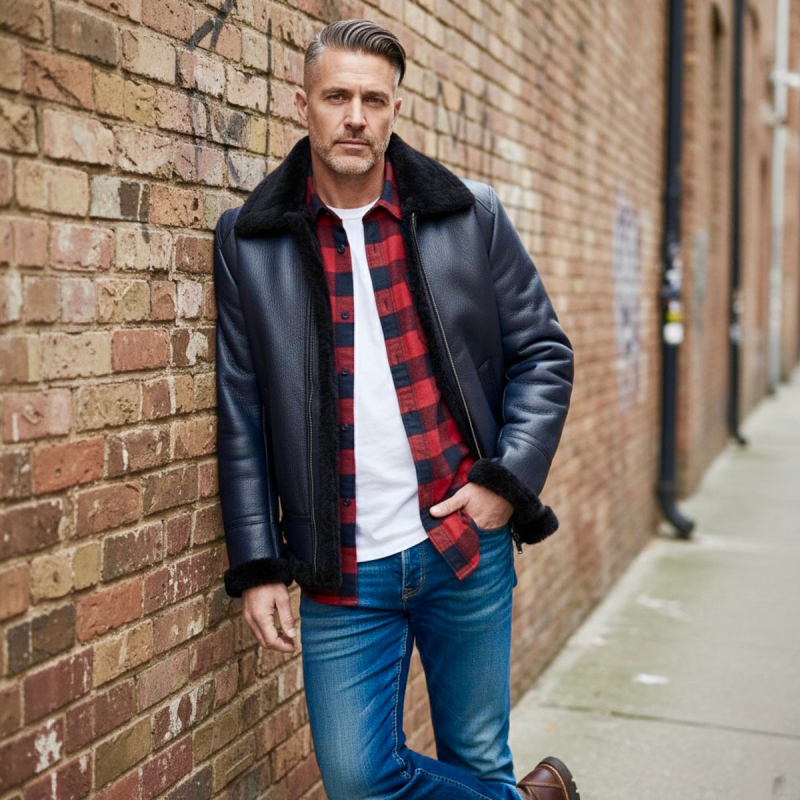 Jeffrey herre rulamsjakke - bomberjakke - Pilotjakke - Mørk blå - Freja skind