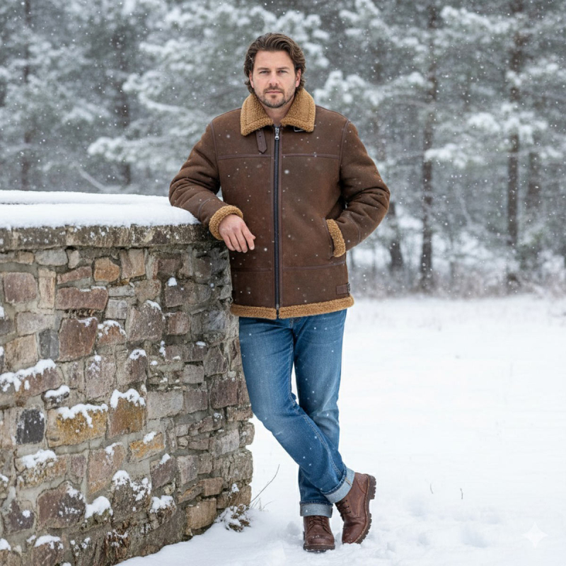 Bronco herre rulamsjakke - Varm vinterjakke - Brun - Freja skind