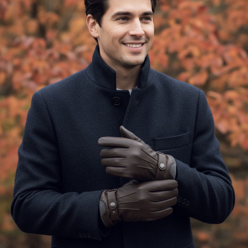 Brun herre skindhandske - Blød lammeskind med strikfoer af uld - Freja skind