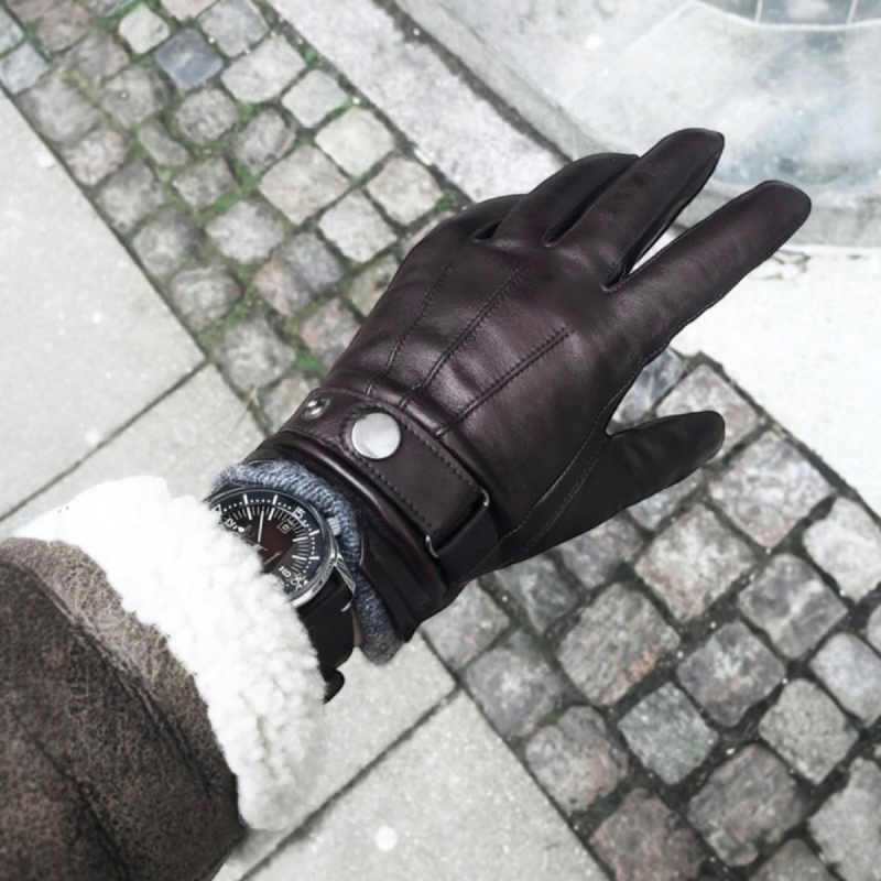 Brun herre skindhandske - Blød lammeskind med strikfoer af uld - Freja skind