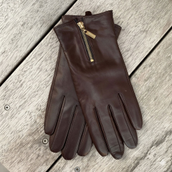 Mørk brun dame skindhandske med strikfoer af uld - Hella - Freja skind