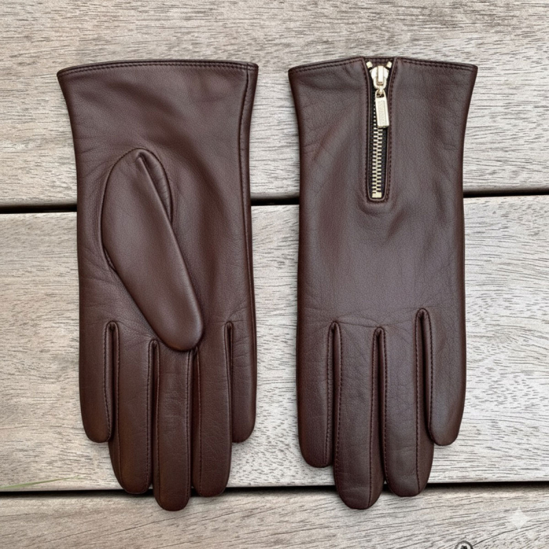 Mørk brun dame skindhandske med strikfoer af uld - Hella - Freja skind