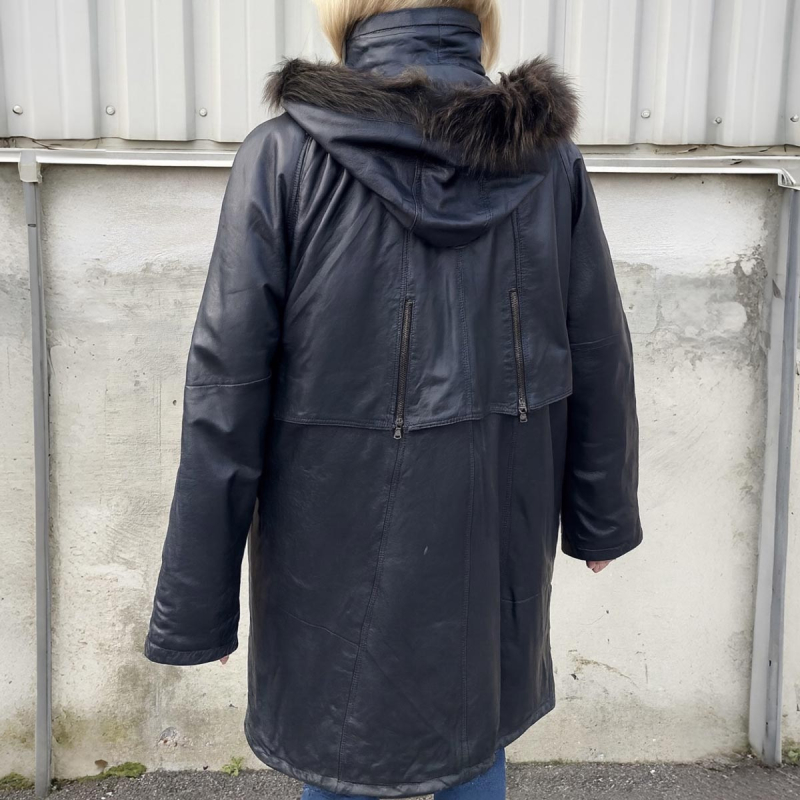 Plus size dam vinterjacka i blå skinn - A facon - Avtagbar huva