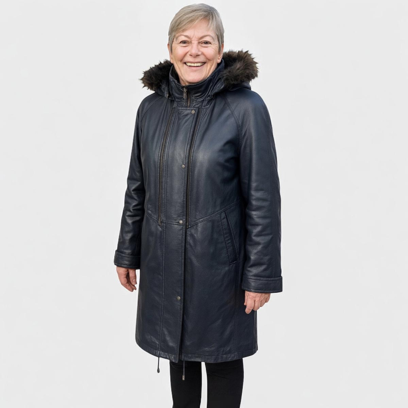 Plus size dam vinterjacka i blå skinn - A facon - Avtagbar huva