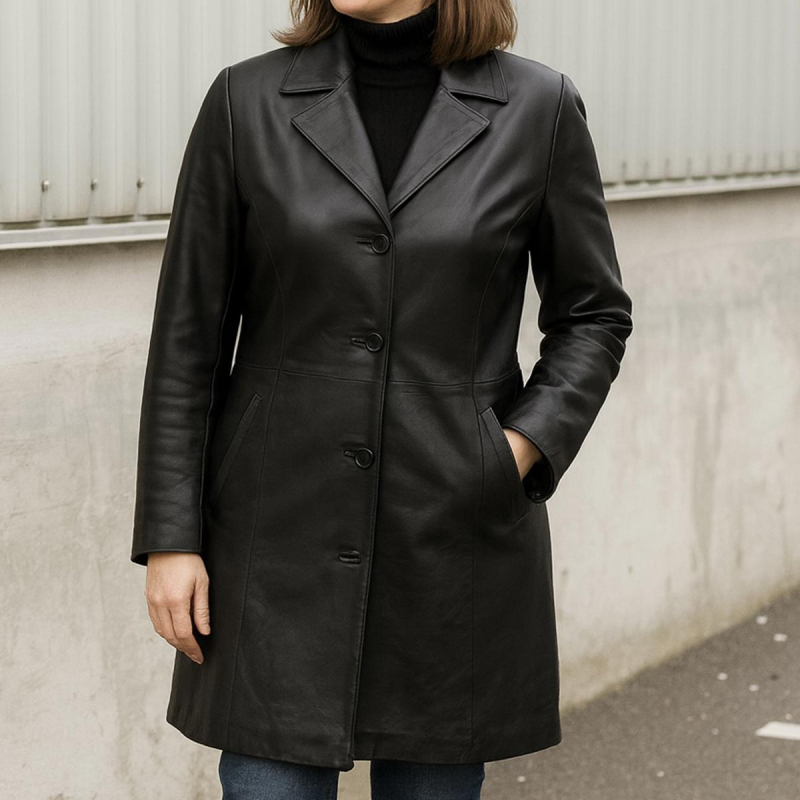 Sandra skinnjacka - Mellanlång modell i mjukt svart skinn - Freja Skind