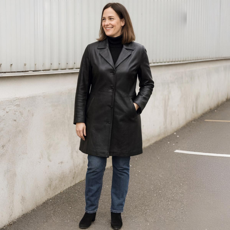 Sandra skinnjacka - Mellanlång modell i mjukt svart skinn - Freja Skind