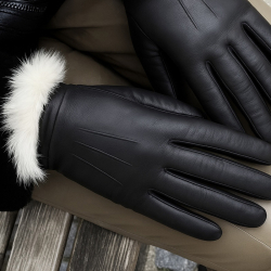 Mia dame skindhandske med kaninpels foer - Blød sort lammeskind udv. - Levinsky