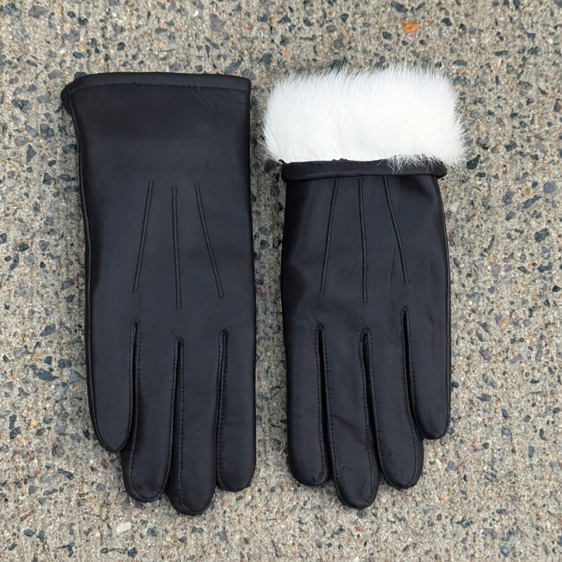 Mia dame skindhandske med kaninpels foer - Blød sort lammeskind udv. - Levinsky