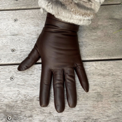 Brun Edel dame skindhandske - Blød lammeskind med strikfoer af uld - Levinsky