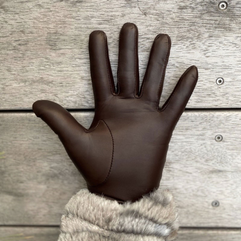 Brun Edel dame skindhandske - Blød lammeskind med strikfoer af uld - Levinsky