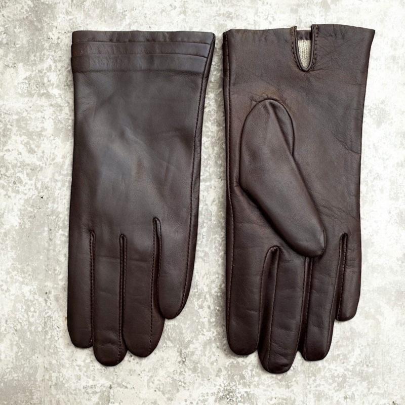Brun Edel dame skindhandske - Blød lammeskind med strikfoer af uld - Levinsky