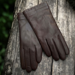 Brun Edel dame skindhandske - Blød lammeskind med strikfoer af uld - Levinsky