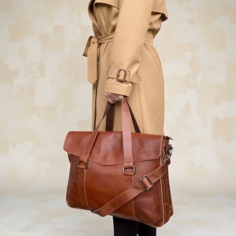 Denise arbejdstaske i patineret cognac bøffellæder - Leather design - Freja skind