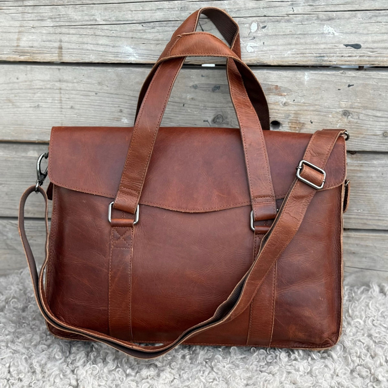 Denise arbejdstaske i patineret cognac bøffellæder - Leather design - Freja skind