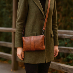 Petra skuldertaske - Smart lille dametaske i cognac bøffellæder - Leather design - Freja skind