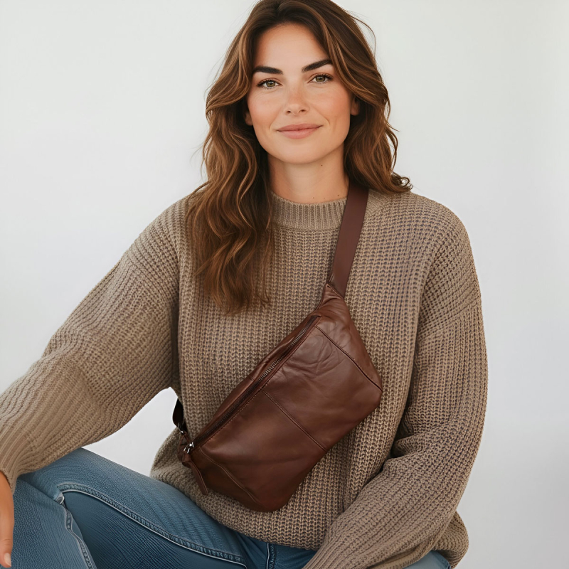 Stor Silja bumbag i blød mørk cognac lammeskind - Freja skind