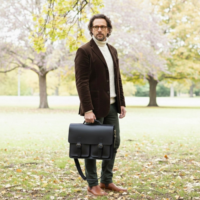 Sort oxford arbejdstaske - Retro stil - kraftig kernelæder - skolelærer  - Freja skind