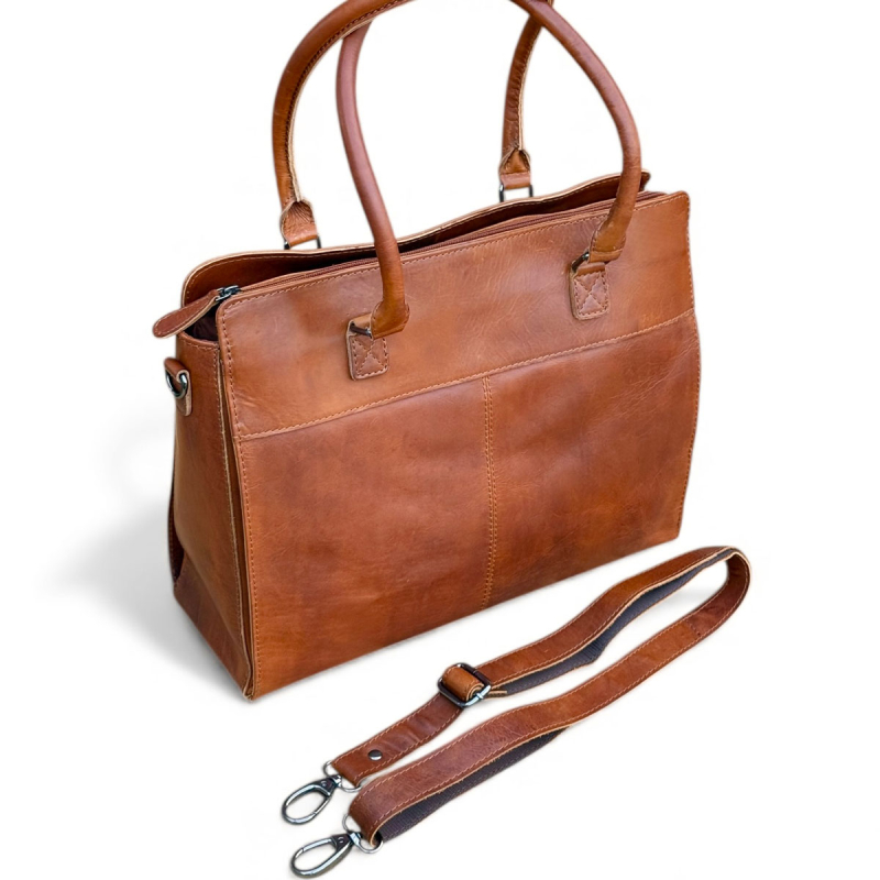 Lady pc taske - arbejdstaske - patineret cognac  - Leather design - Freja skind