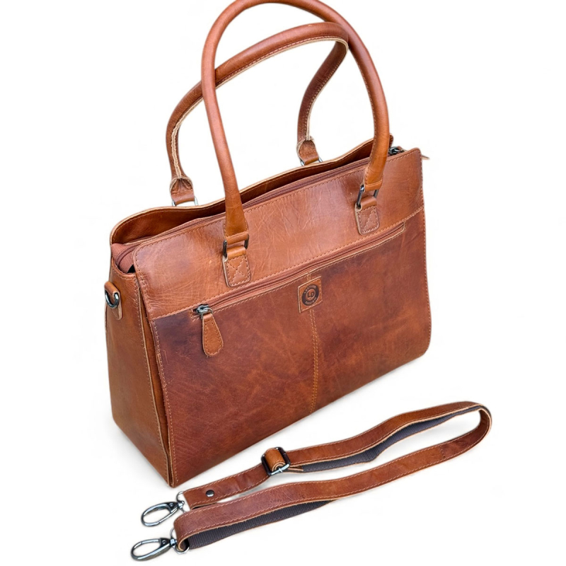 Lady pc taske - arbejdstaske - patineret cognac  - Leather design - Freja skind
