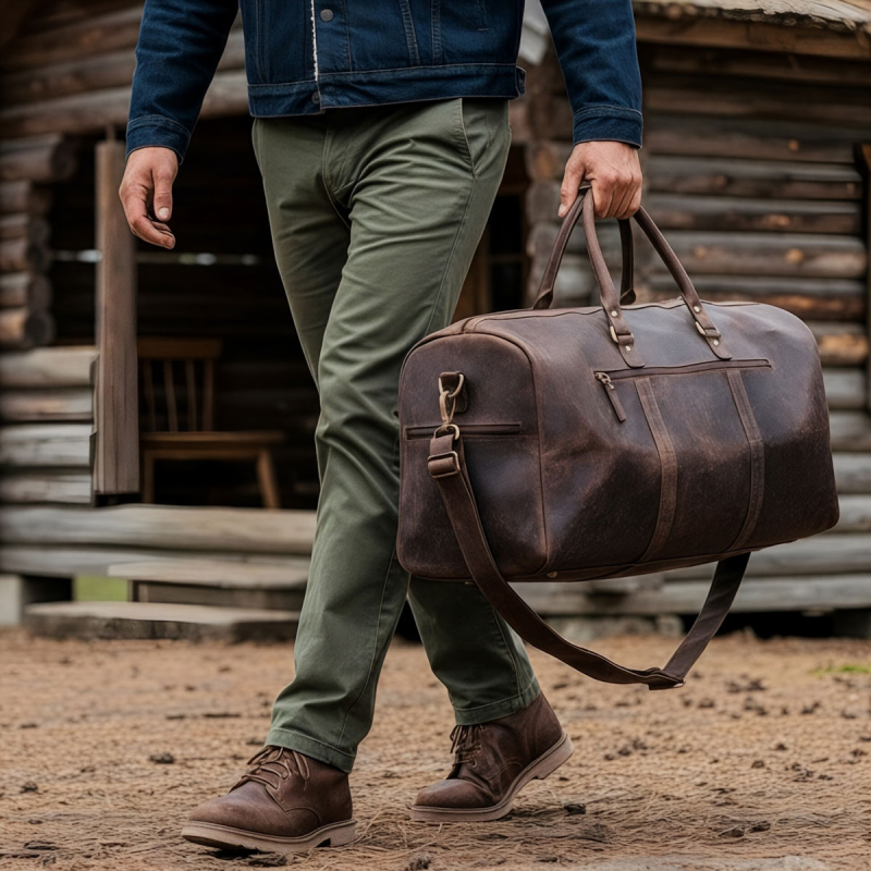 Madrid weekendtaske i hunter brun bøffellæder - Freja skind