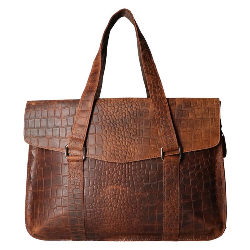 Denise arbetsväska för dator – krokodilpräglat hunterbrunt buffelläder – Leather Design