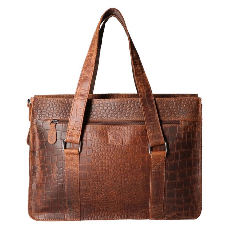 Denise arbetsväska för dator – krokodilpräglat hunterbrunt buffelläder – Leather Design